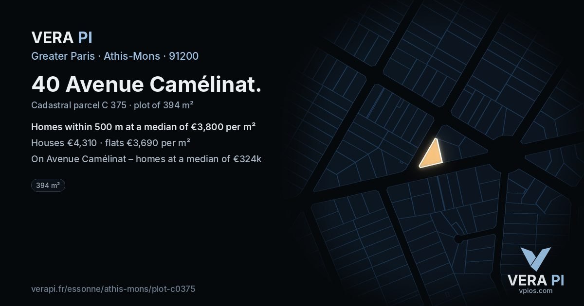 40 Avenue Camélinat, Athis-Mons at night – the plot lit, the parcels around coloured by the prices near them