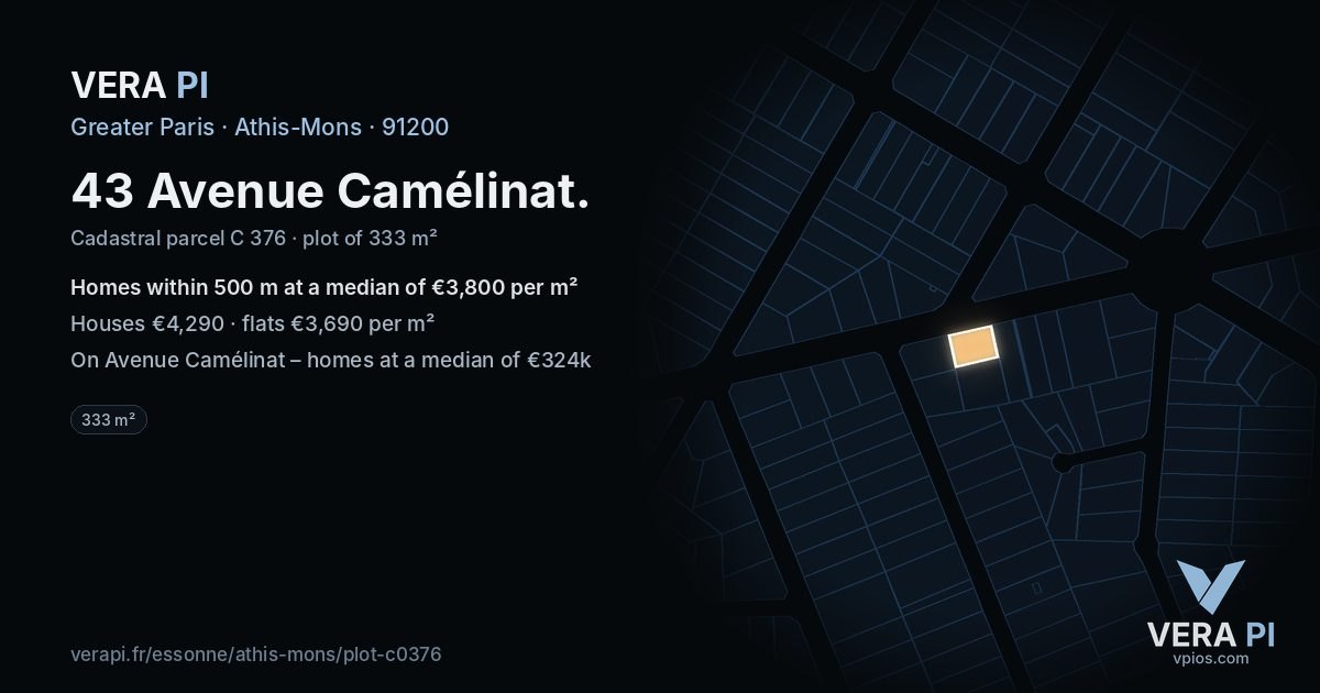 43 Avenue Camélinat, Athis-Mons at night – the plot lit, the parcels around coloured by the prices near them