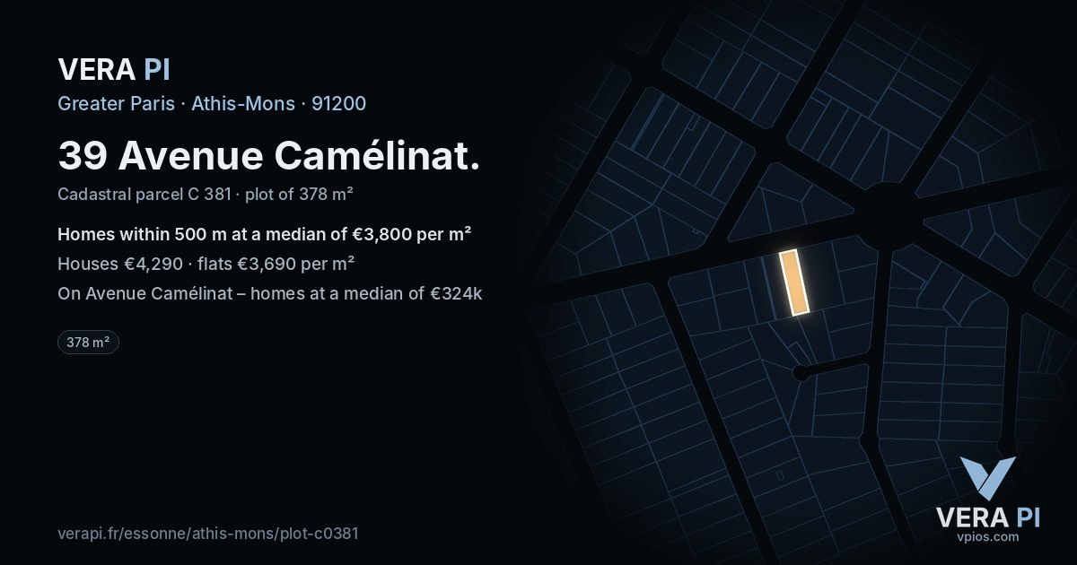 39 Avenue Camélinat, Athis-Mons at night – the plot lit, the parcels around coloured by the prices near them