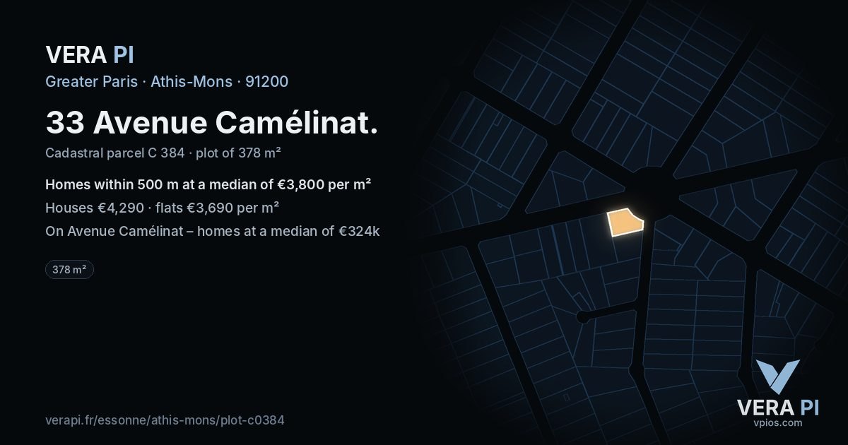 33 Avenue Camélinat, Athis-Mons at night – the plot lit, the parcels around coloured by the prices near them