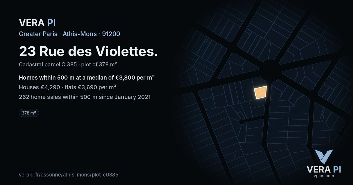 23 Rue des Violettes, Athis-Mons at night – the plot lit, the parcels around coloured by the prices near them