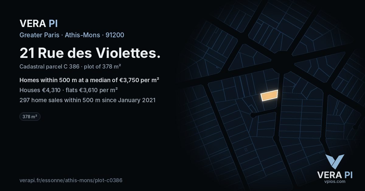 21 Rue des Violettes, Athis-Mons at night – the plot lit, the parcels around coloured by the prices near them