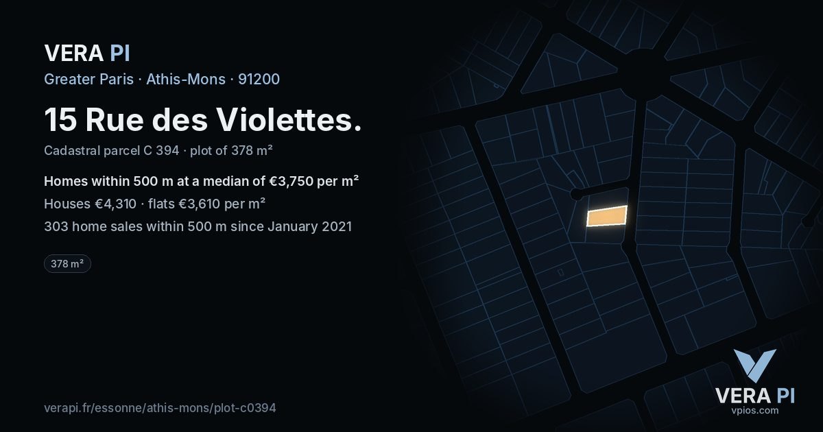 15 Rue des Violettes, Athis-Mons at night – the plot lit, the parcels around coloured by the prices near them