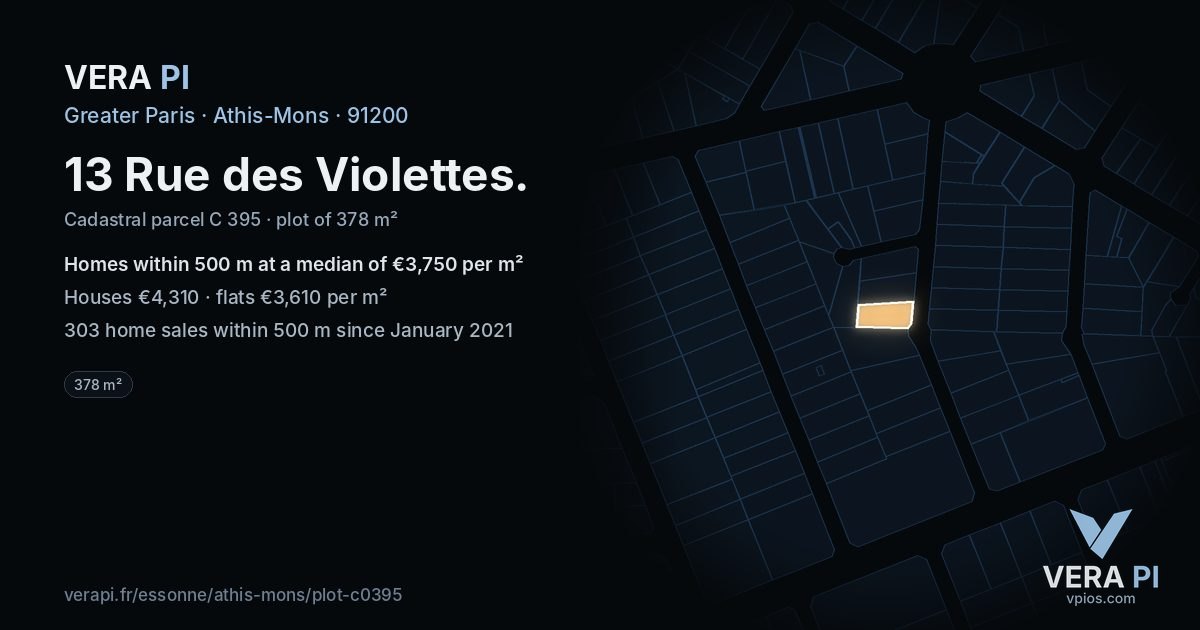 13 Rue des Violettes, Athis-Mons at night – the plot lit, the parcels around coloured by the prices near them