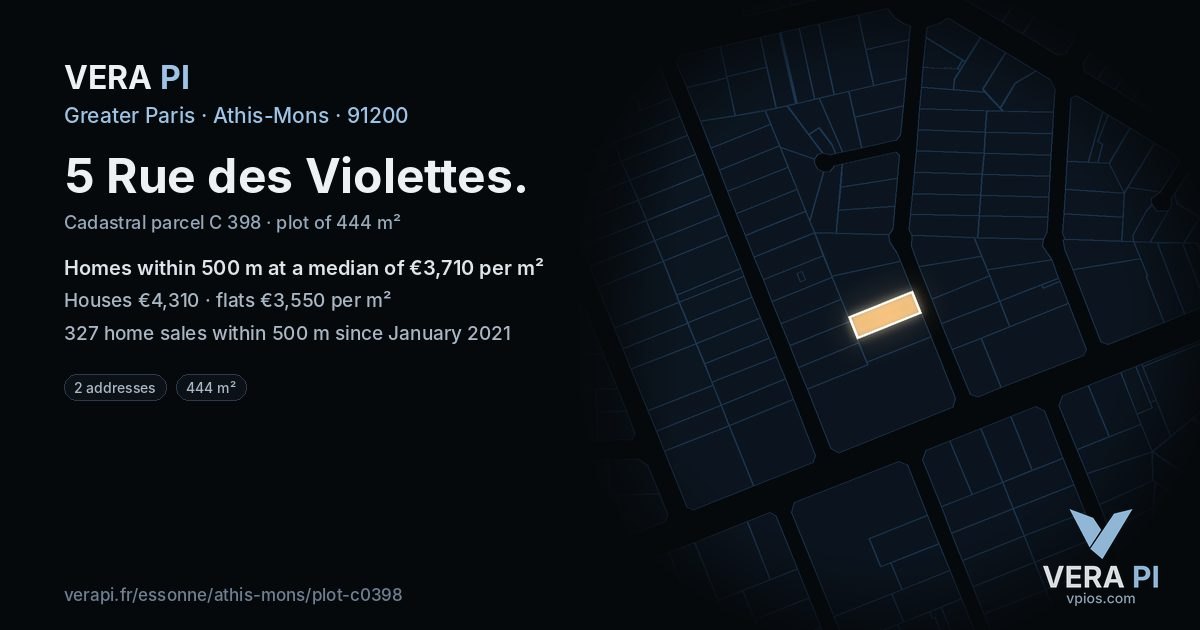 5 Rue des Violettes, Athis-Mons at night – the plot lit, the parcels around coloured by the prices near them