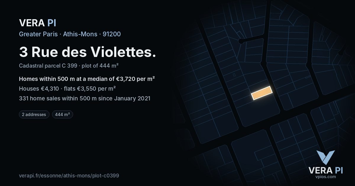3 Rue des Violettes, Athis-Mons at night – the plot lit, the parcels around coloured by the prices near them