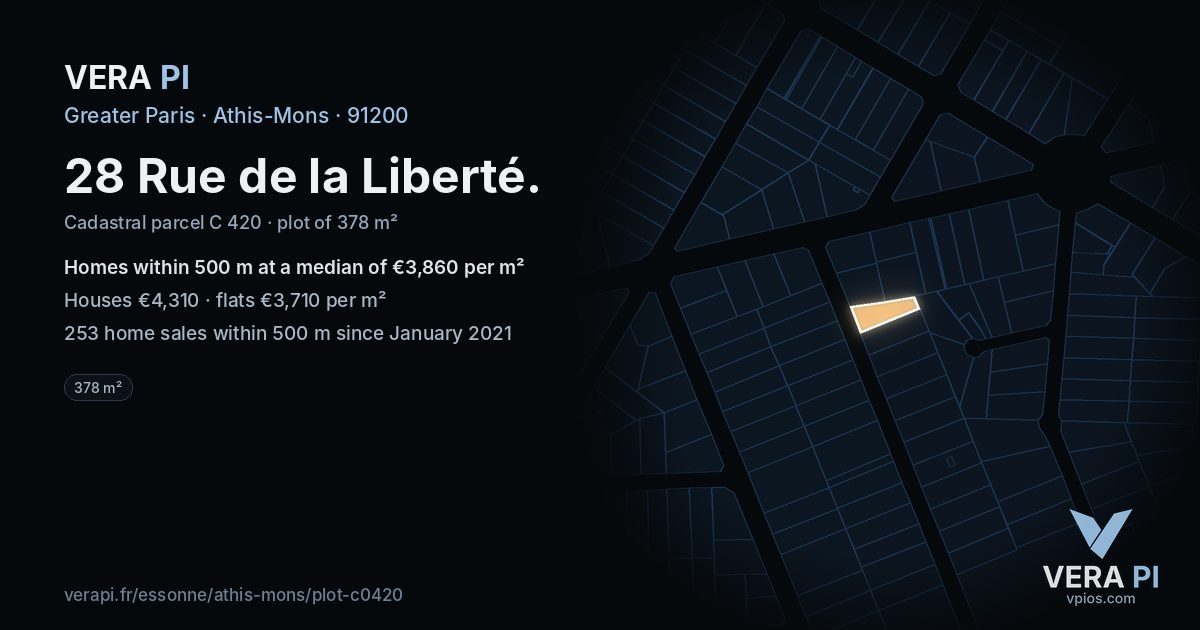 28 Rue de la Liberté, Athis-Mons at night – the plot lit, the parcels around coloured by the prices near them
