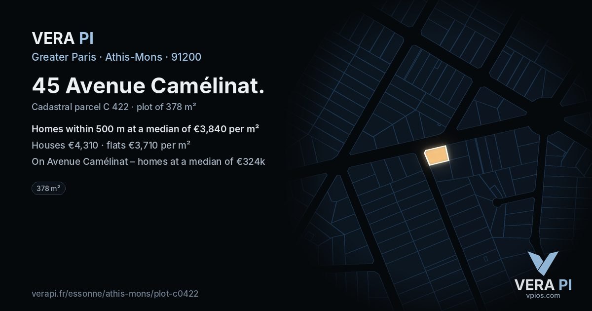 45 Avenue Camélinat, Athis-Mons at night – the plot lit, the parcels around coloured by the prices near them