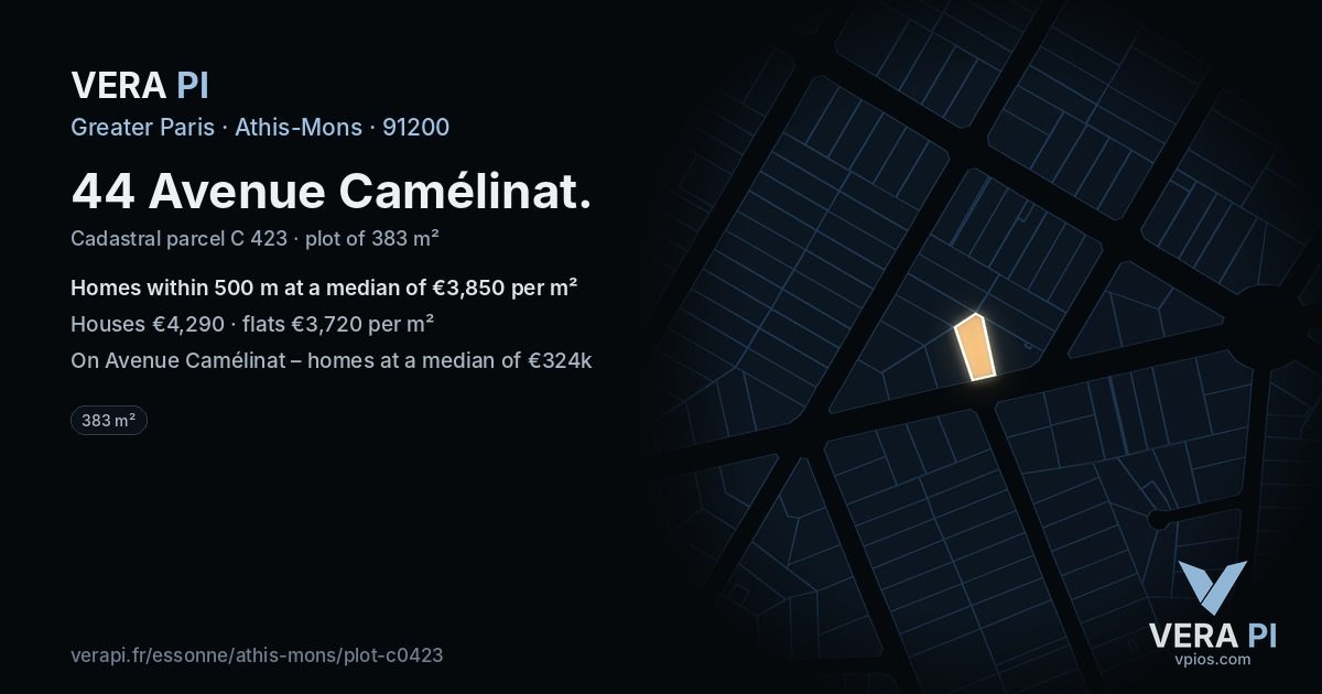 44 Avenue Camélinat, Athis-Mons at night – the plot lit, the parcels around coloured by the prices near them