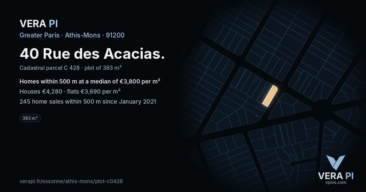 40 Rue des Acacias, Athis-Mons at night – the plot lit, the parcels around coloured by the prices near them