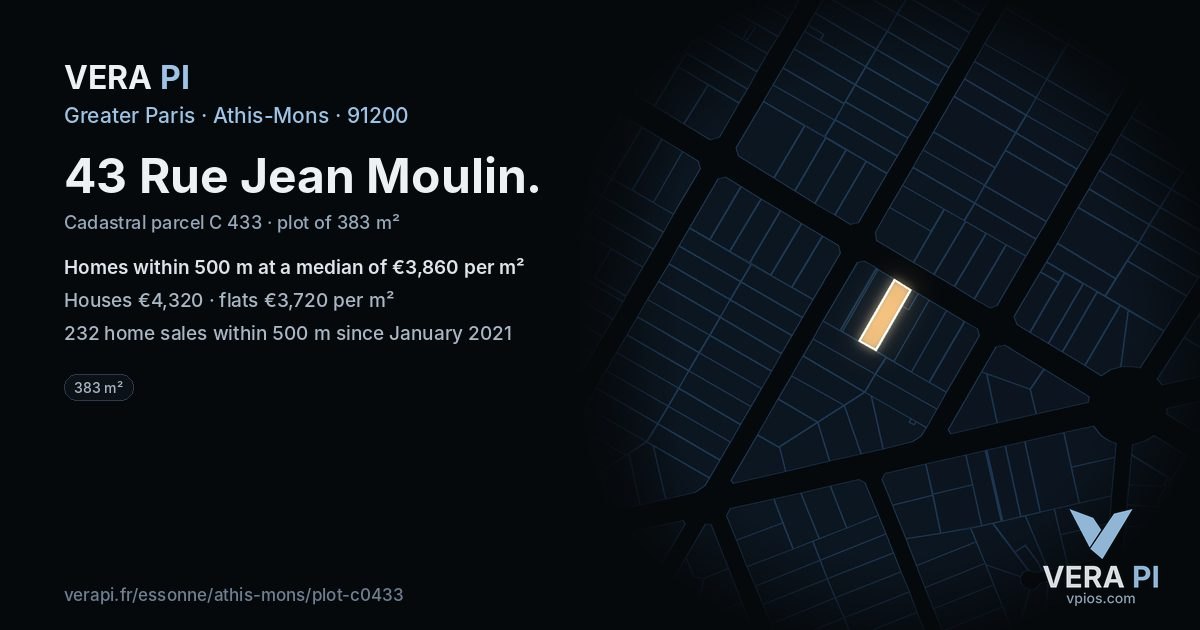 43 Rue Jean Moulin, Athis-Mons at night – the plot lit, the parcels around coloured by the prices near them