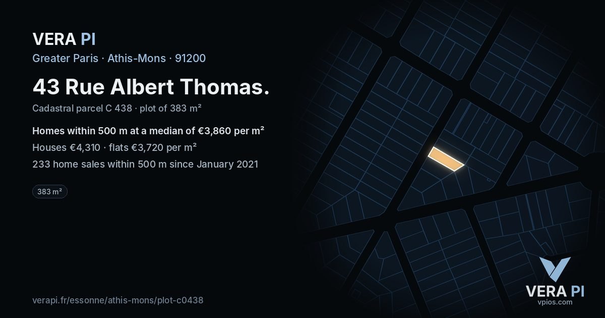 43 Rue Albert Thomas, Athis-Mons at night – the plot lit, the parcels around coloured by the prices near them