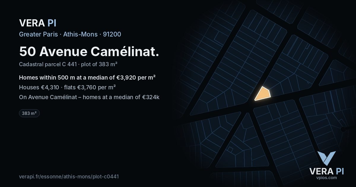 50 Avenue Camélinat, Athis-Mons at night – the plot lit, the parcels around coloured by the prices near them