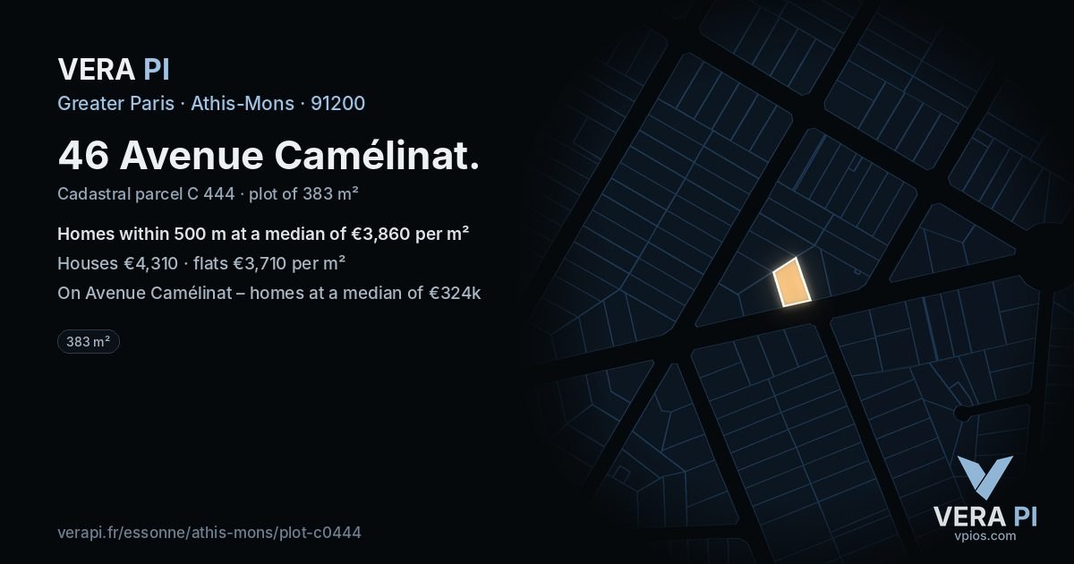 46 Avenue Camélinat, Athis-Mons at night – the plot lit, the parcels around coloured by the prices near them
