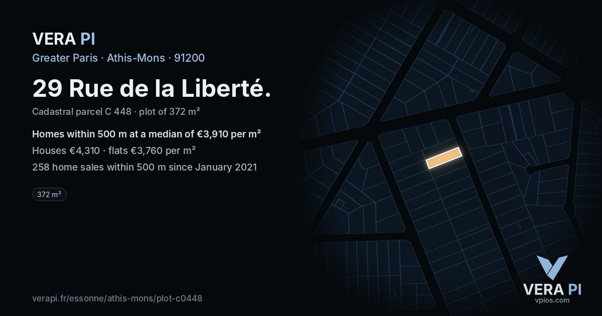 29 Rue de la Liberté, Athis-Mons at night – the plot lit, the parcels around coloured by the prices near them