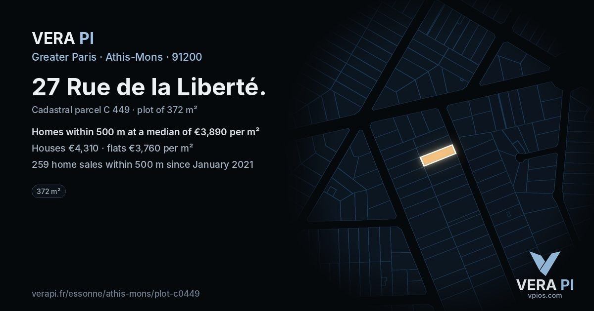 27 Rue de la Liberté, Athis-Mons at night – the plot lit, the parcels around coloured by the prices near them