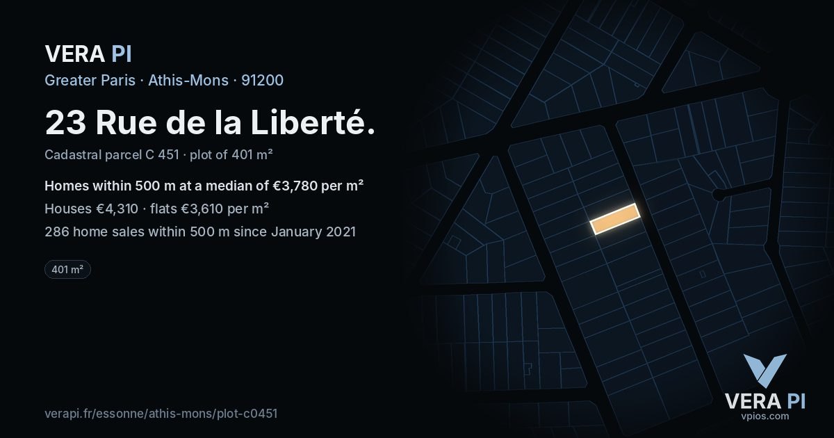 23 Rue de la Liberté, Athis-Mons at night – the plot lit, the parcels around coloured by the prices near them