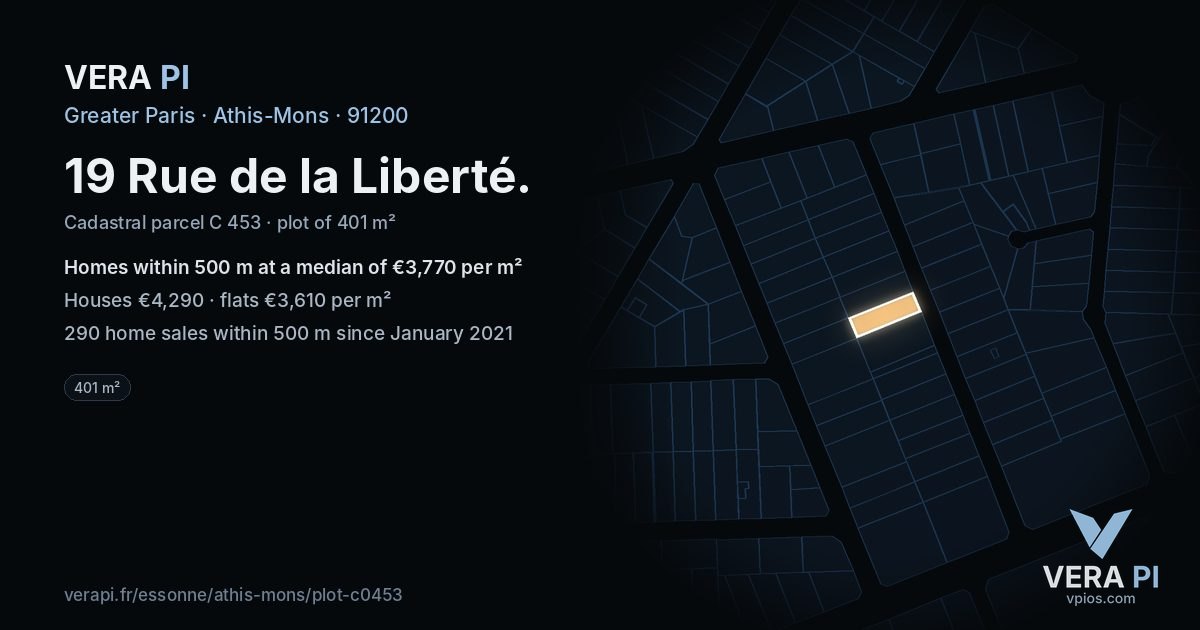 19 Rue de la Liberté, Athis-Mons at night – the plot lit, the parcels around coloured by the prices near them