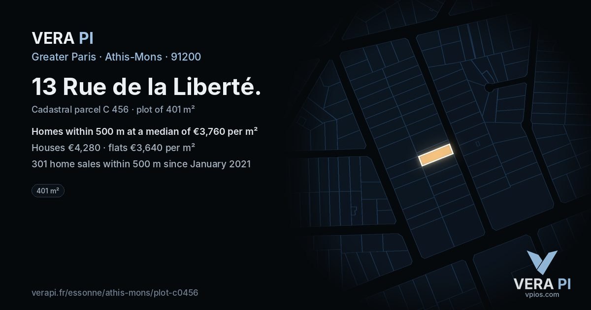 13 Rue de la Liberté, Athis-Mons at night – the plot lit, the parcels around coloured by the prices near them