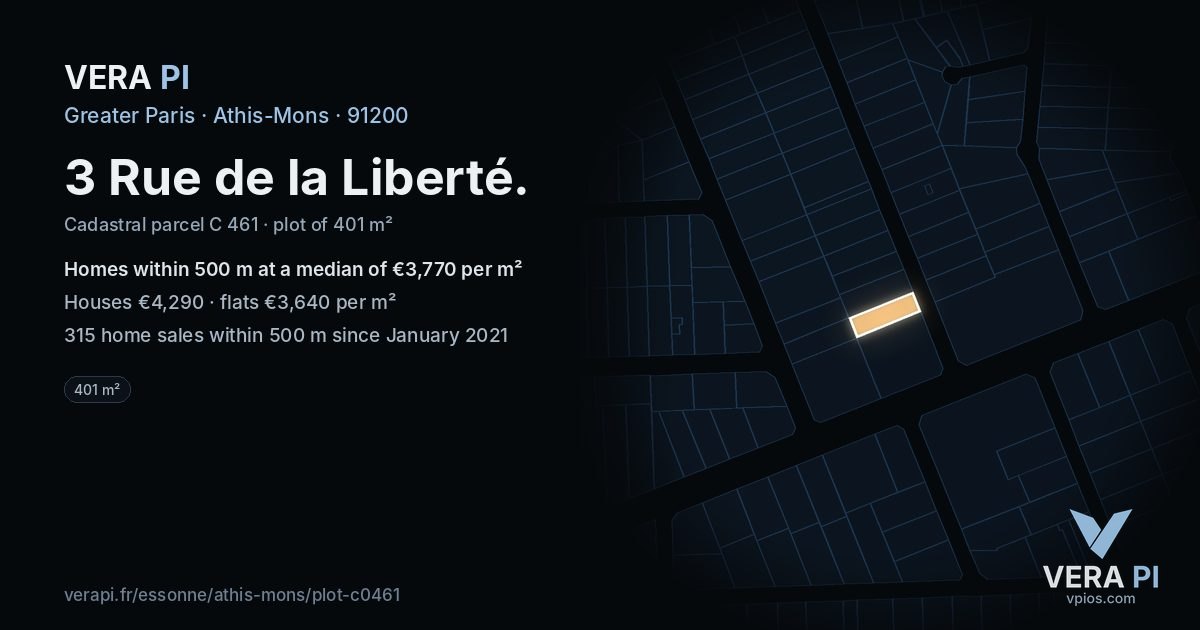 3 Rue de la Liberté, Athis-Mons at night – the plot lit, the parcels around coloured by the prices near them