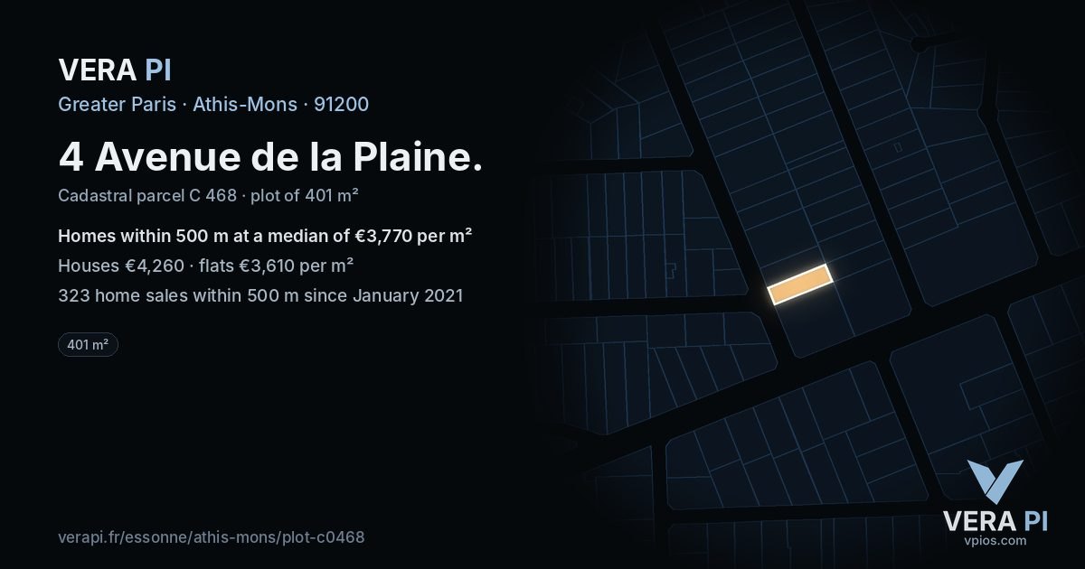 4 Avenue de la Plaine, Athis-Mons at night – the plot lit, the parcels around coloured by the prices near them