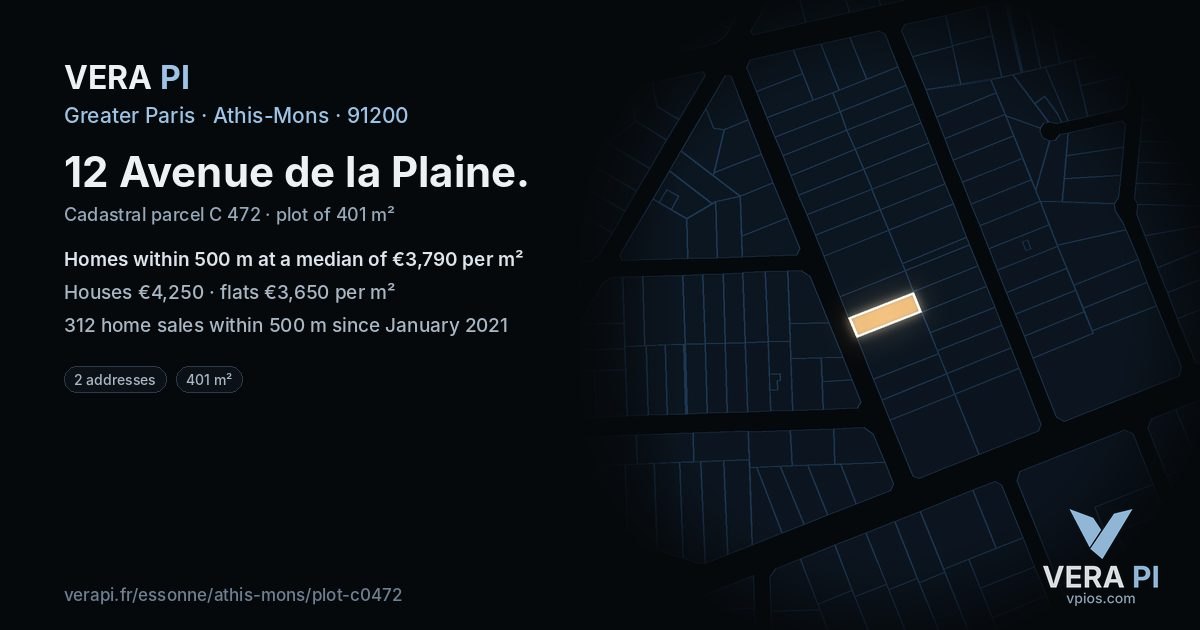 12 Avenue de la Plaine, Athis-Mons at night – the plot lit, the parcels around coloured by the prices near them