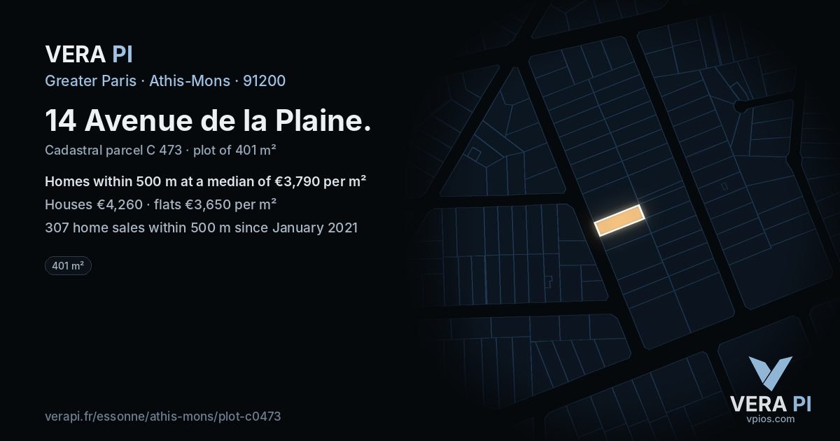 14 Avenue de la Plaine, Athis-Mons at night – the plot lit, the parcels around coloured by the prices near them
