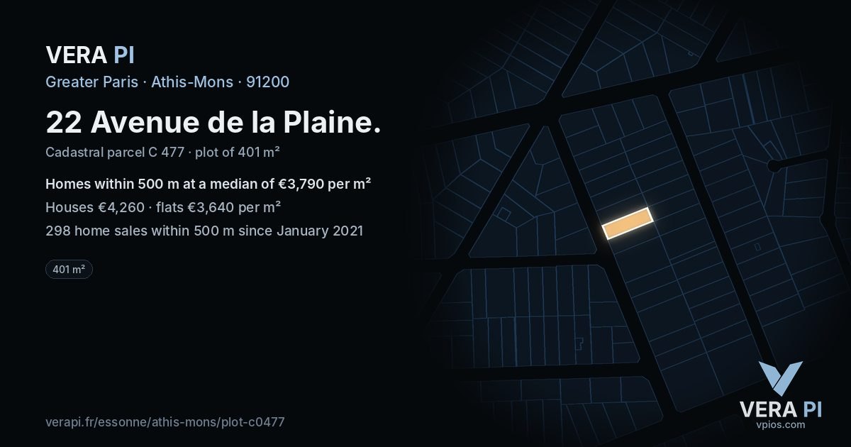 22 Avenue de la Plaine, Athis-Mons at night – the plot lit, the parcels around coloured by the prices near them