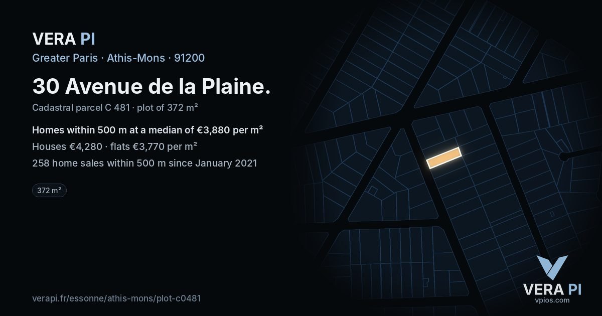 30 Avenue de la Plaine, Athis-Mons at night – the plot lit, the parcels around coloured by the prices near them