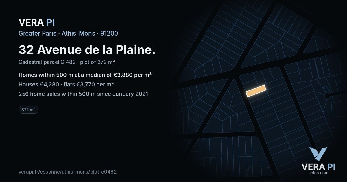32 Avenue de la Plaine, Athis-Mons at night – the plot lit, the parcels around coloured by the prices near them