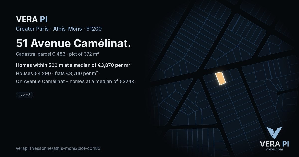 51 Avenue Camélinat, Athis-Mons at night – the plot lit, the parcels around coloured by the prices near them