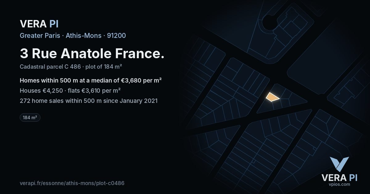 3 Rue Anatole France, Athis-Mons at night – the plot lit, the parcels around coloured by the prices near them