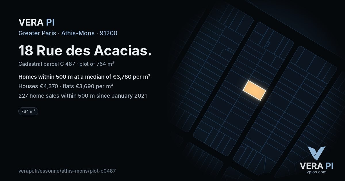 18 Rue des Acacias, Athis-Mons at night – the plot lit, the parcels around coloured by the prices near them