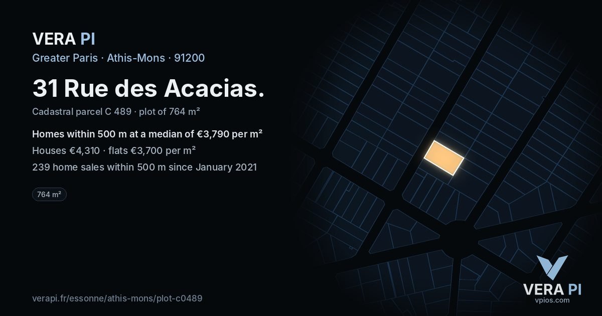 31 Rue des Acacias, Athis-Mons at night – the plot lit, the parcels around coloured by the prices near them