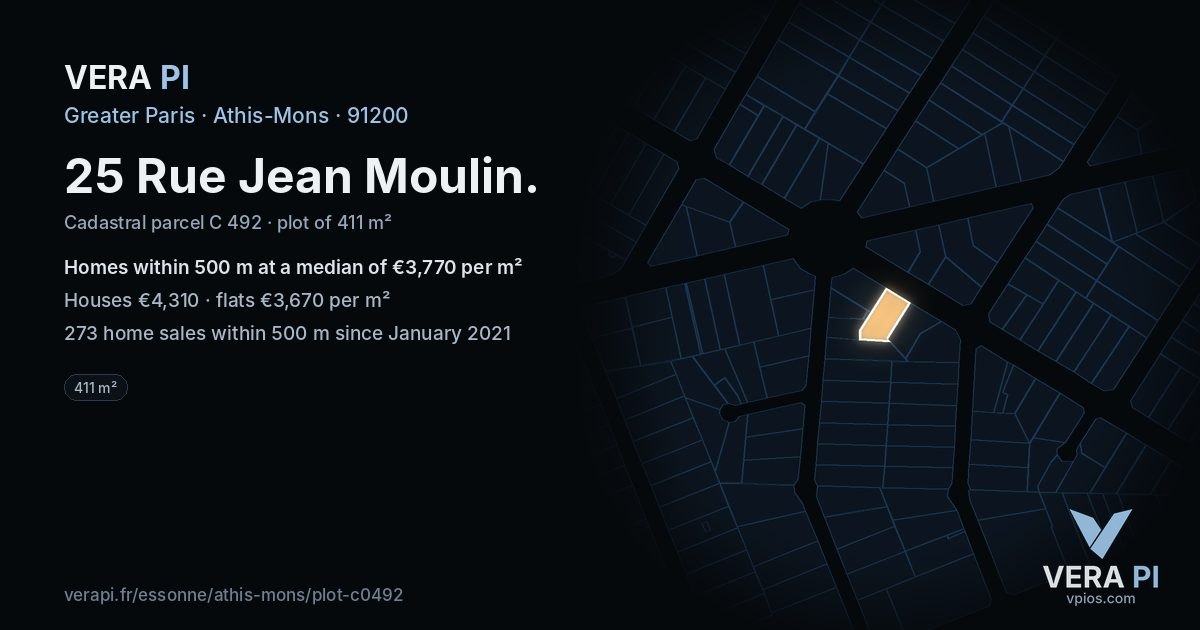 25 Rue Jean Moulin, Athis-Mons at night – the plot lit, the parcels around coloured by the prices near them