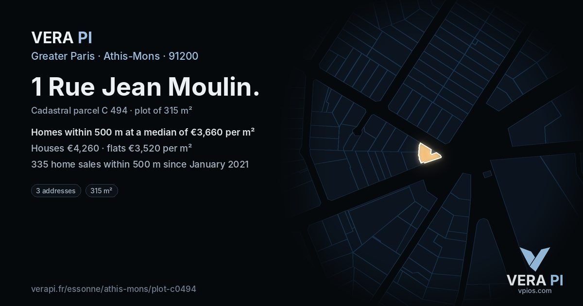 1 Rue Jean Moulin, Athis-Mons at night – the plot lit, the parcels around coloured by the prices near them
