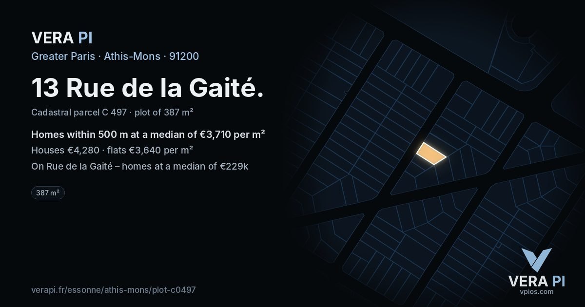 13 Rue de la Gaité, Athis-Mons at night – the plot lit, the parcels around coloured by the prices near them
