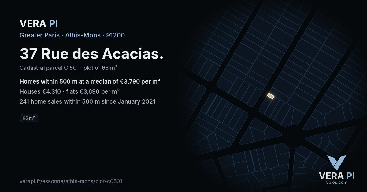 37 Rue des Acacias, Athis-Mons at night – the plot lit, the parcels around coloured by the prices near them