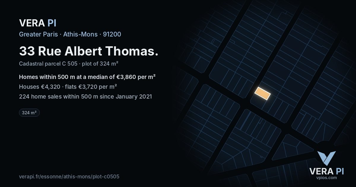 33 Rue Albert Thomas, Athis-Mons at night – the plot lit, the parcels around coloured by the prices near them