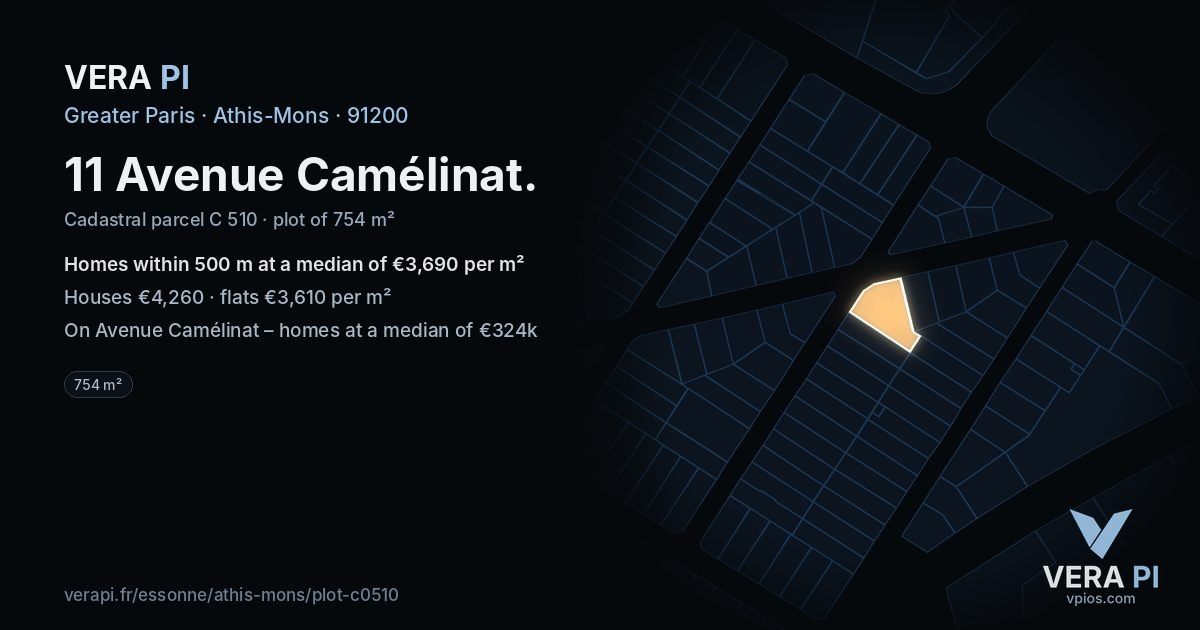 11 Avenue Camélinat, Athis-Mons at night – the plot lit, the parcels around coloured by the prices near them