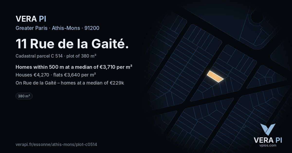 11 Rue de la Gaité, Athis-Mons at night – the plot lit, the parcels around coloured by the prices near them