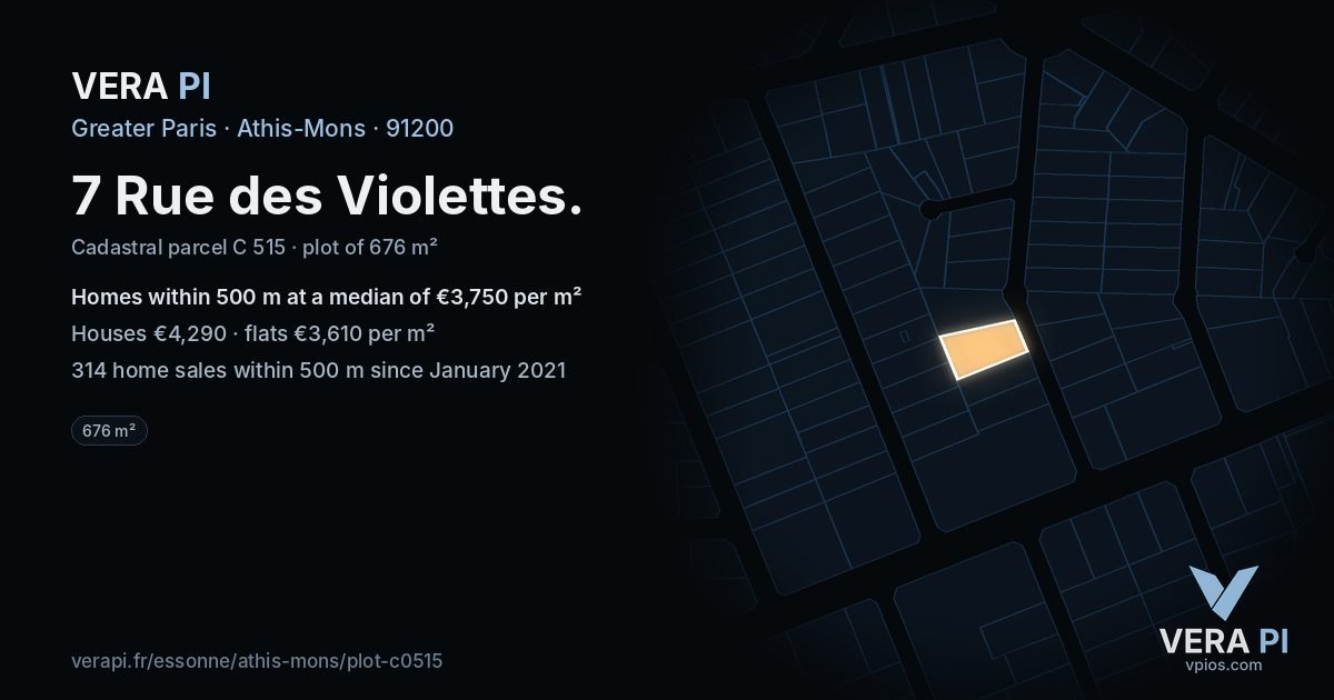 7 Rue des Violettes, Athis-Mons at night – the plot lit, the parcels around coloured by the prices near them