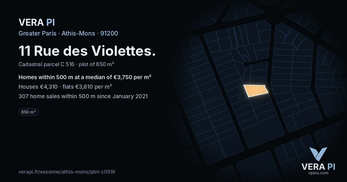 11 Rue des Violettes, Athis-Mons at night – the plot lit, the parcels around coloured by the prices near them
