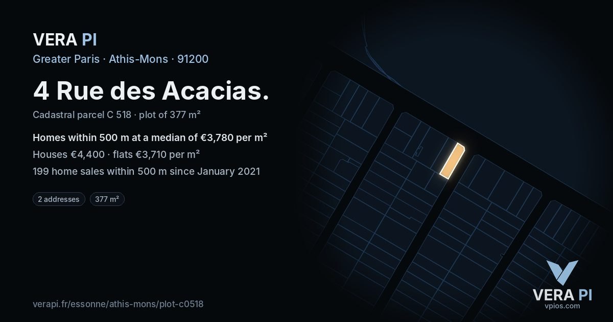 4 Rue des Acacias, Athis-Mons at night – the plot lit, the parcels around coloured by the prices near them
