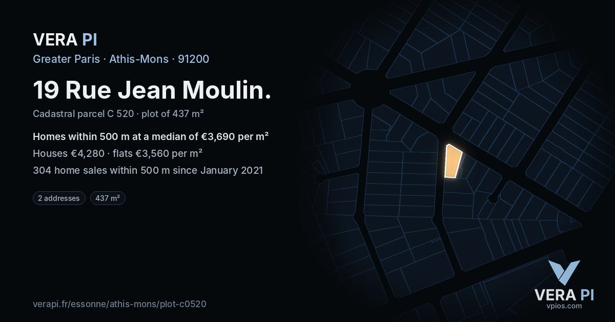 19 Rue Jean Moulin, Athis-Mons at night – the plot lit, the parcels around coloured by the prices near them