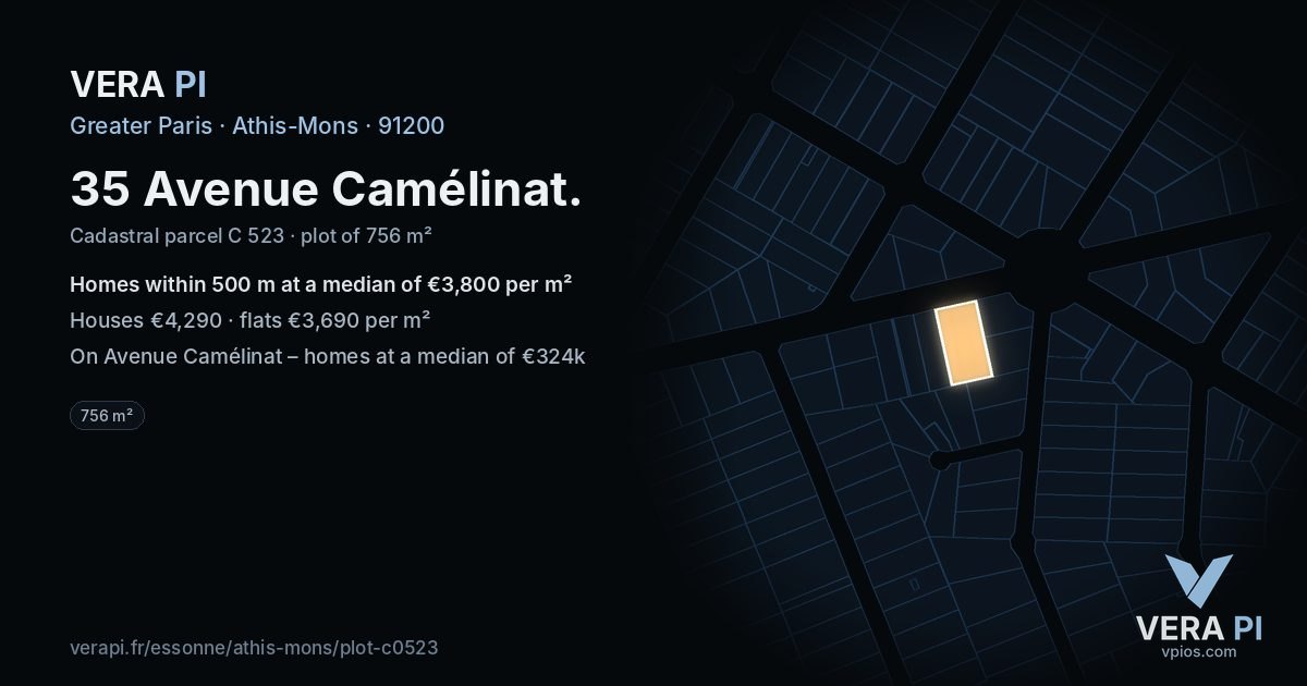 35 Avenue Camélinat, Athis-Mons at night – the plot lit, the parcels around coloured by the prices near them