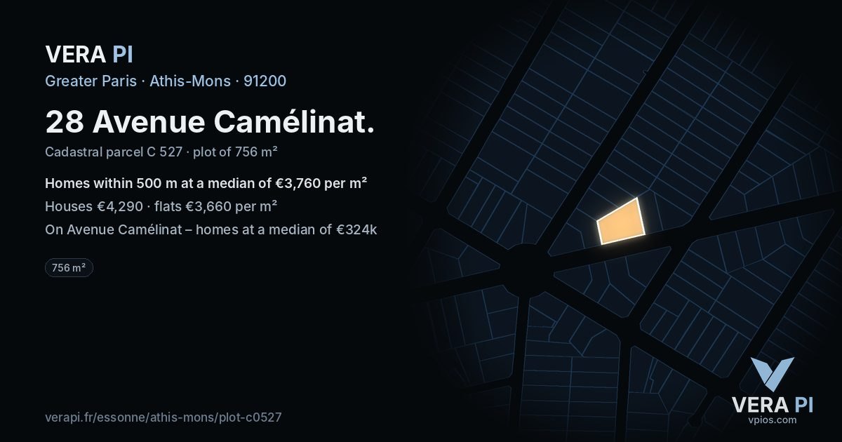 28 Avenue Camélinat, Athis-Mons at night – the plot lit, the parcels around coloured by the prices near them