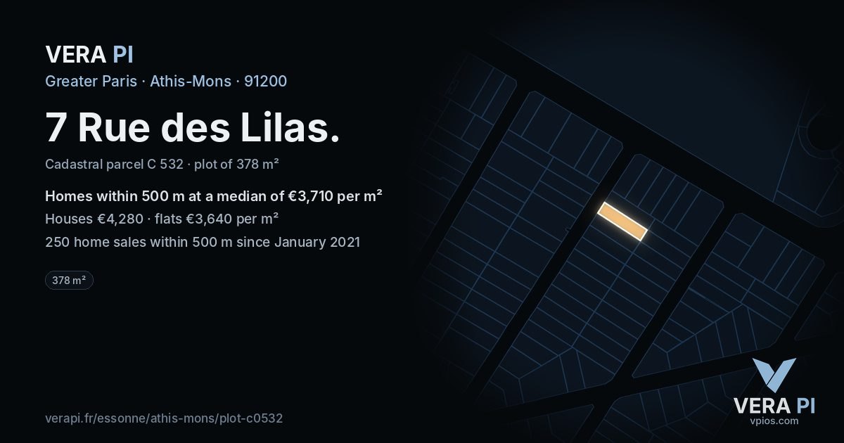 7 Rue des Lilas, Athis-Mons at night – the plot lit, the parcels around coloured by the prices near them