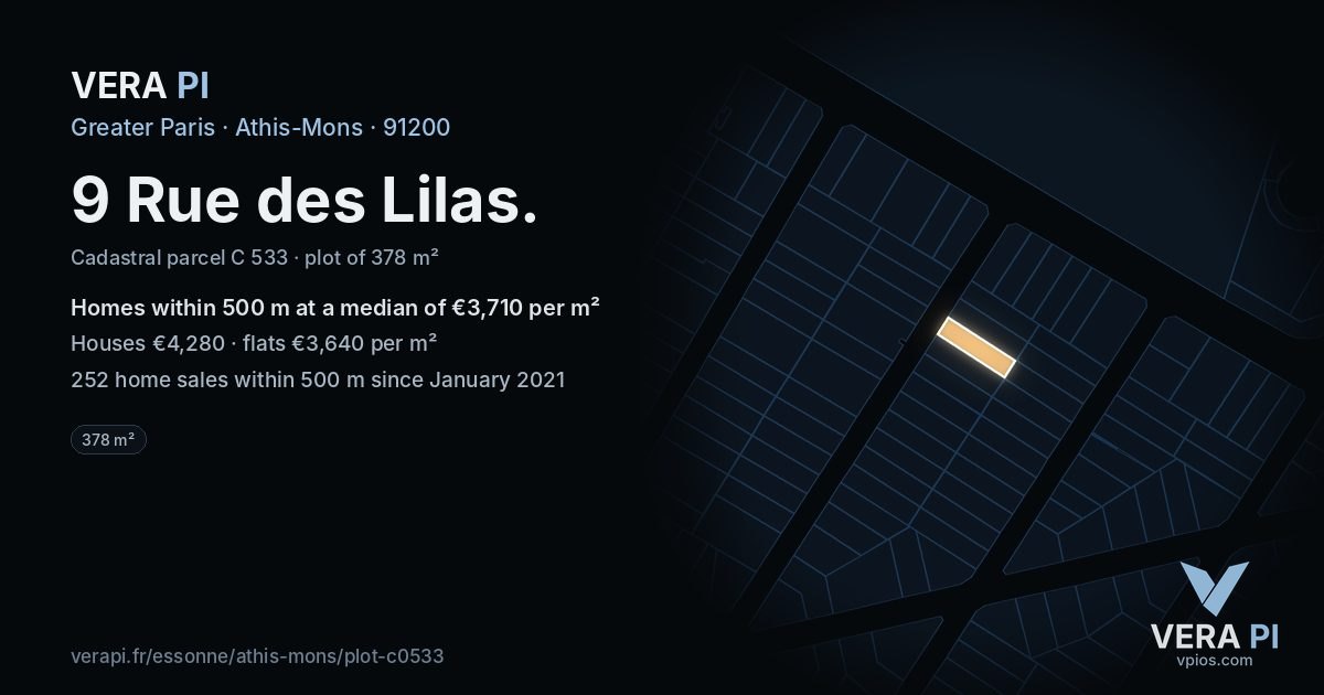 9 Rue des Lilas, Athis-Mons at night – the plot lit, the parcels around coloured by the prices near them