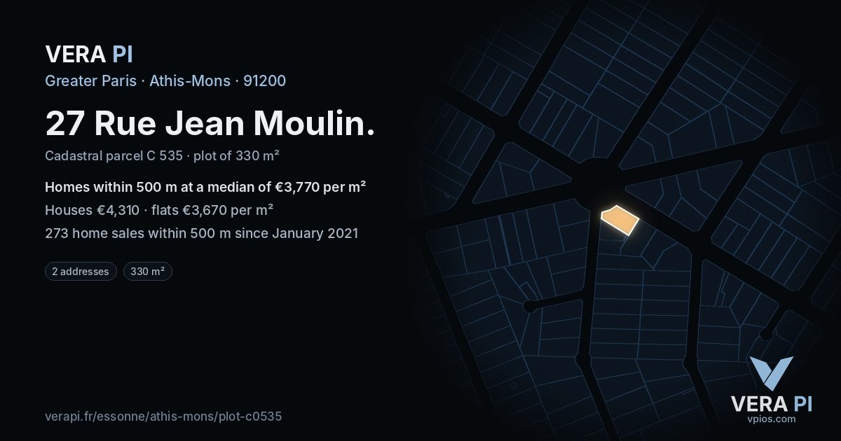 27 Rue Jean Moulin, Athis-Mons at night – the plot lit, the parcels around coloured by the prices near them
